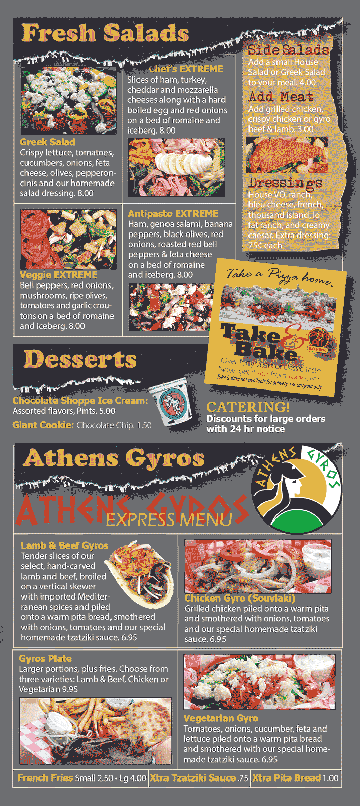 salad, dessert and Athens gyro menu