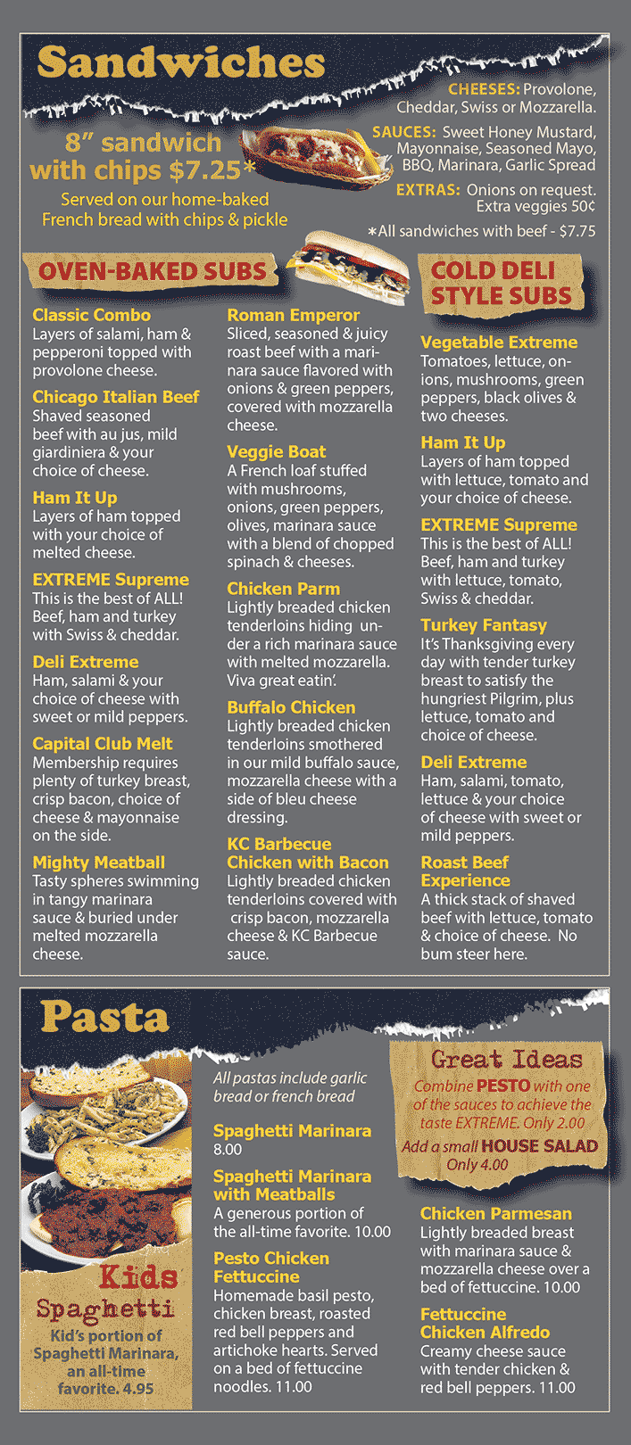 sandwich and pasta menu